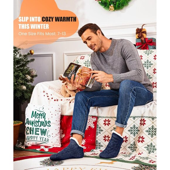 Men's Slipper Blue Socks with Grippers Fuzzy Thermal Winter Non-Slip Cozy Fleece - Picture 5 of 6